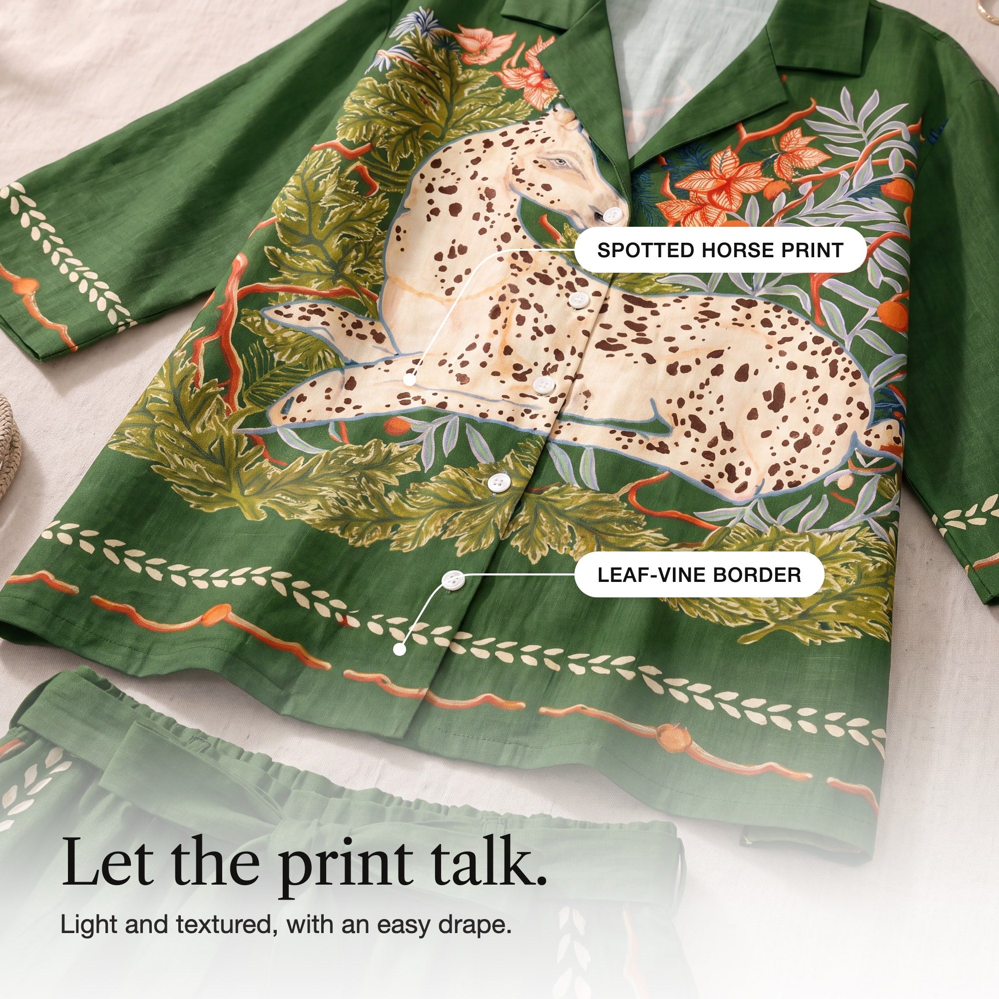 Calypso | Spotted Horse Print Shirt and Shorts Set, detail