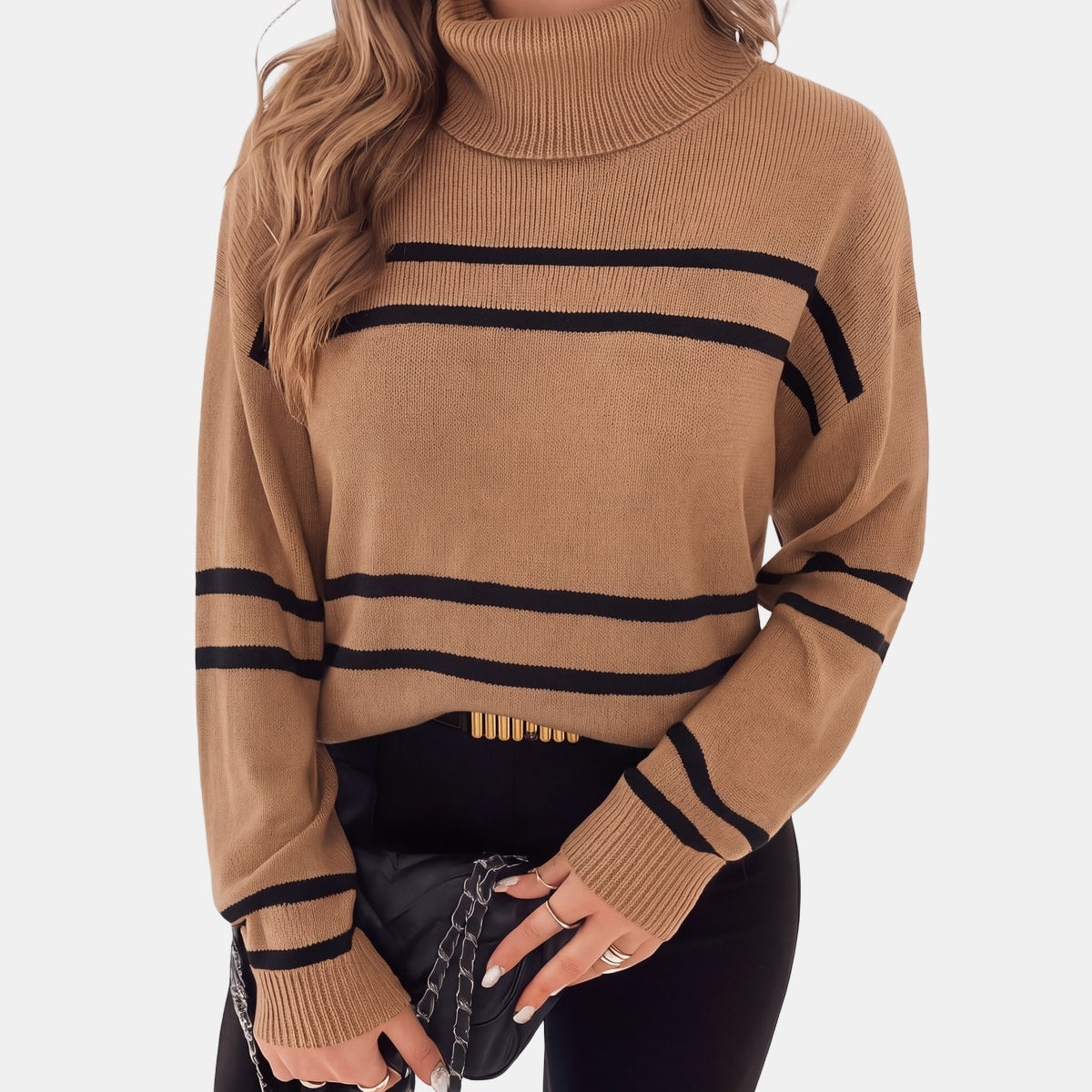 Camel Striped Turtleneck Jumper Brown, studio photo