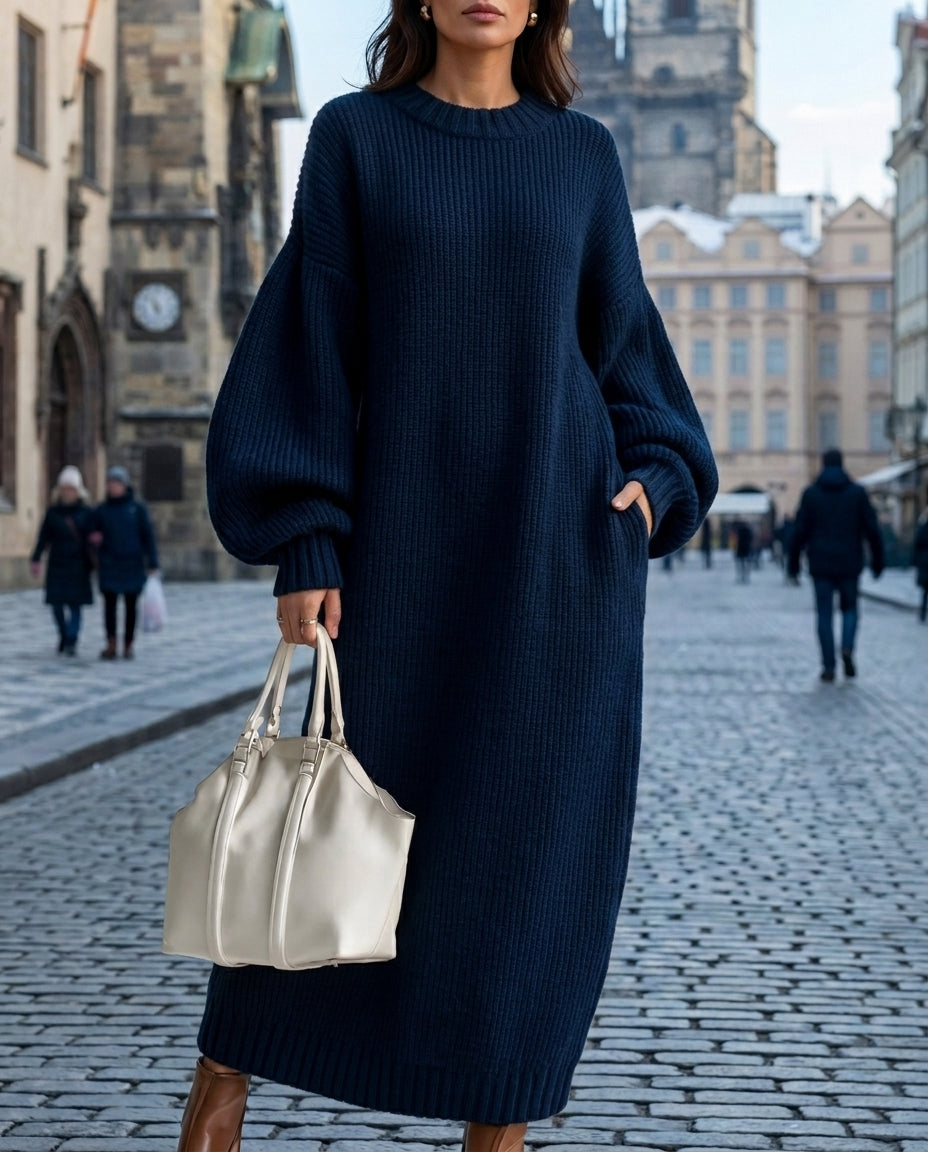 Phyllis | Oversized Knit Dress with Balloon Sleeves Navy Blue, studio photo