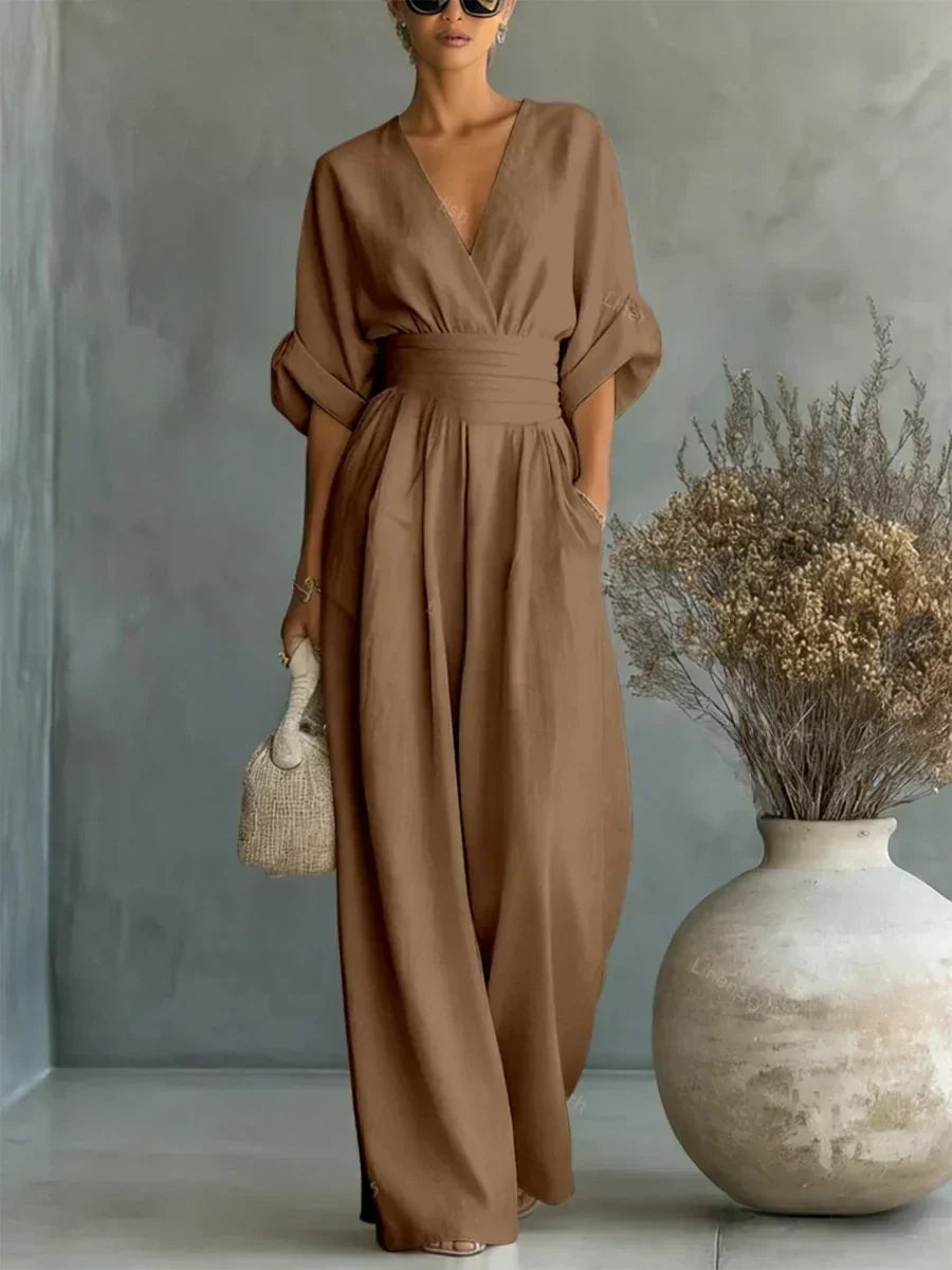 Nancy | Flowy Belted-Waist Maxi Dress Mocha, studio photo