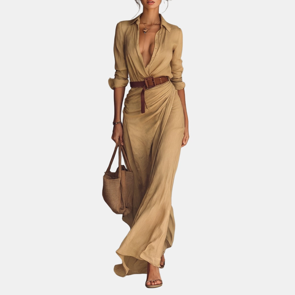 Caroline | Belted Shirt-Style Maxi Dress Khaki, studio photo