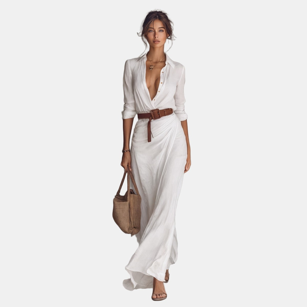 Caroline | Belted Shirt-Style Maxi Dress White, studio photo