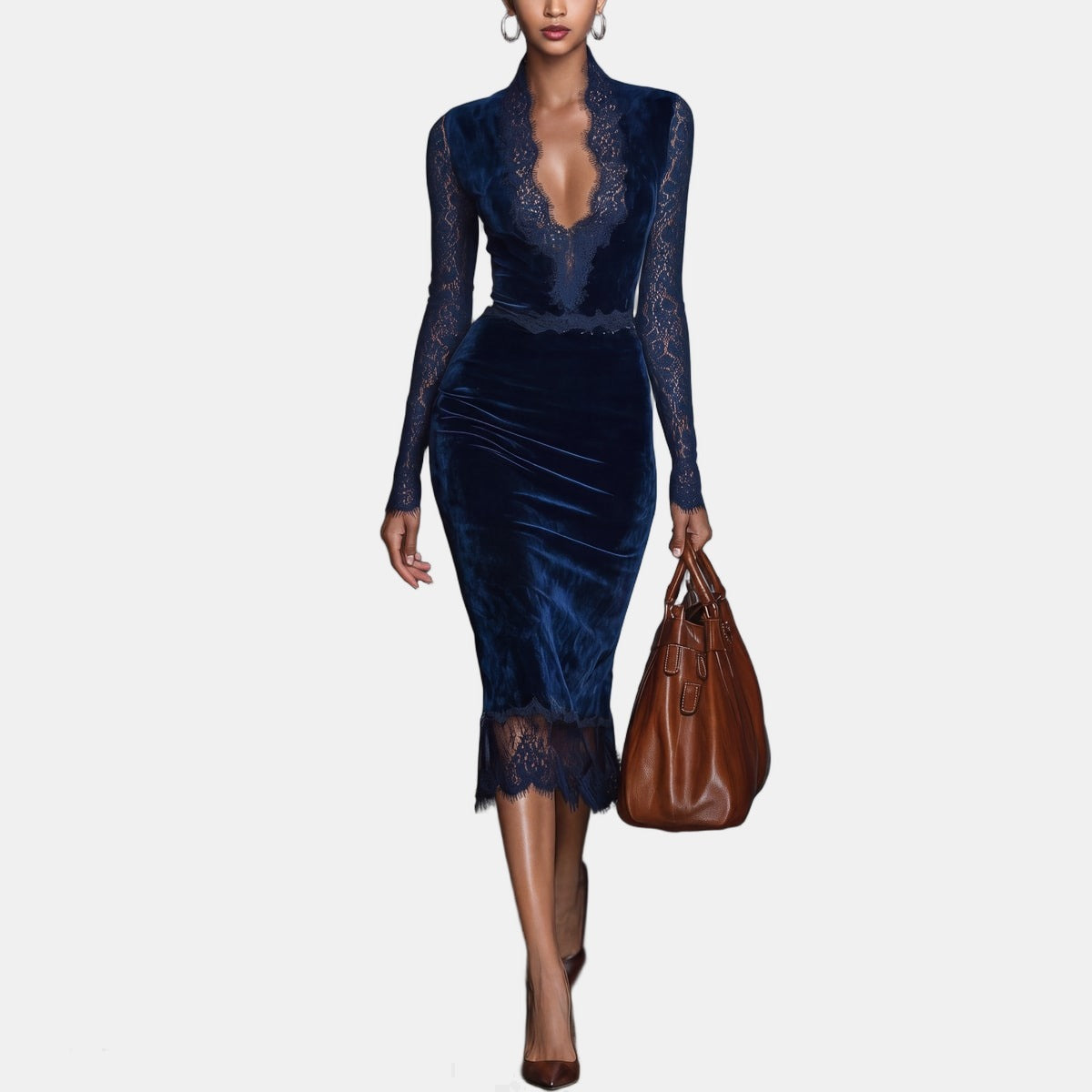 Catherine | Lace and Velvet Midi Dress Dark Blue, studio photo