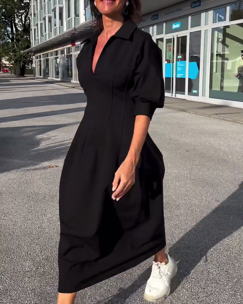 Portia | Black Collared Midi Dress with Pockets