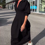 Portia | Black Collared Midi Dress with Pockets