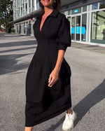 Portia | Black Collared Midi Dress with Pockets