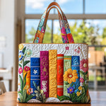 Cerian | Quilted Tote Bag with Books in a Flowerbed
