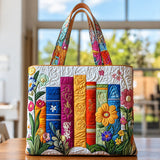 Cerian | Quilted Tote Bag with Books in a Flowerbed