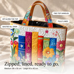 Cerian | Quilted Tote Bag with Books in a Flowerbed