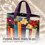 Ceridwen | Quilted Tote Bag with Books and Large Blooms