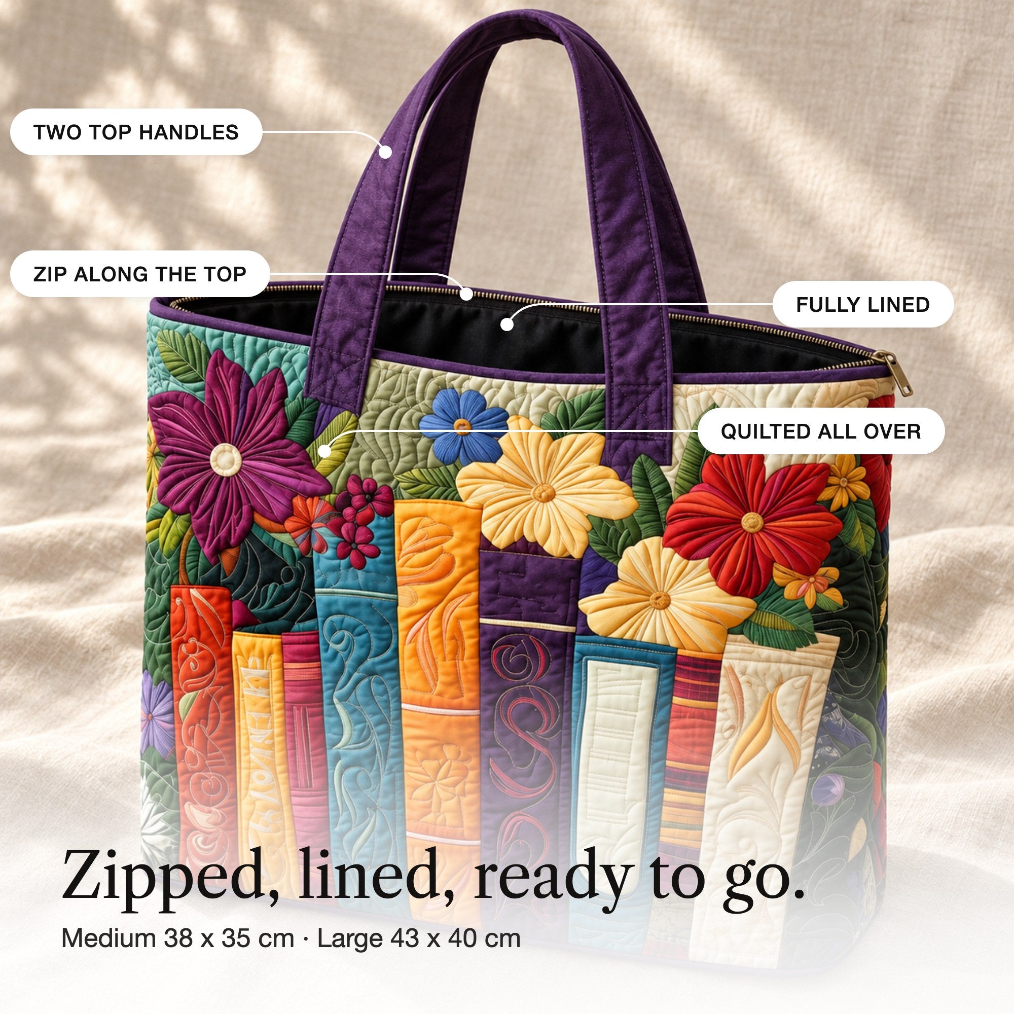 Ceridwen | Quilted Tote Bag with Books and Large Blooms, detail