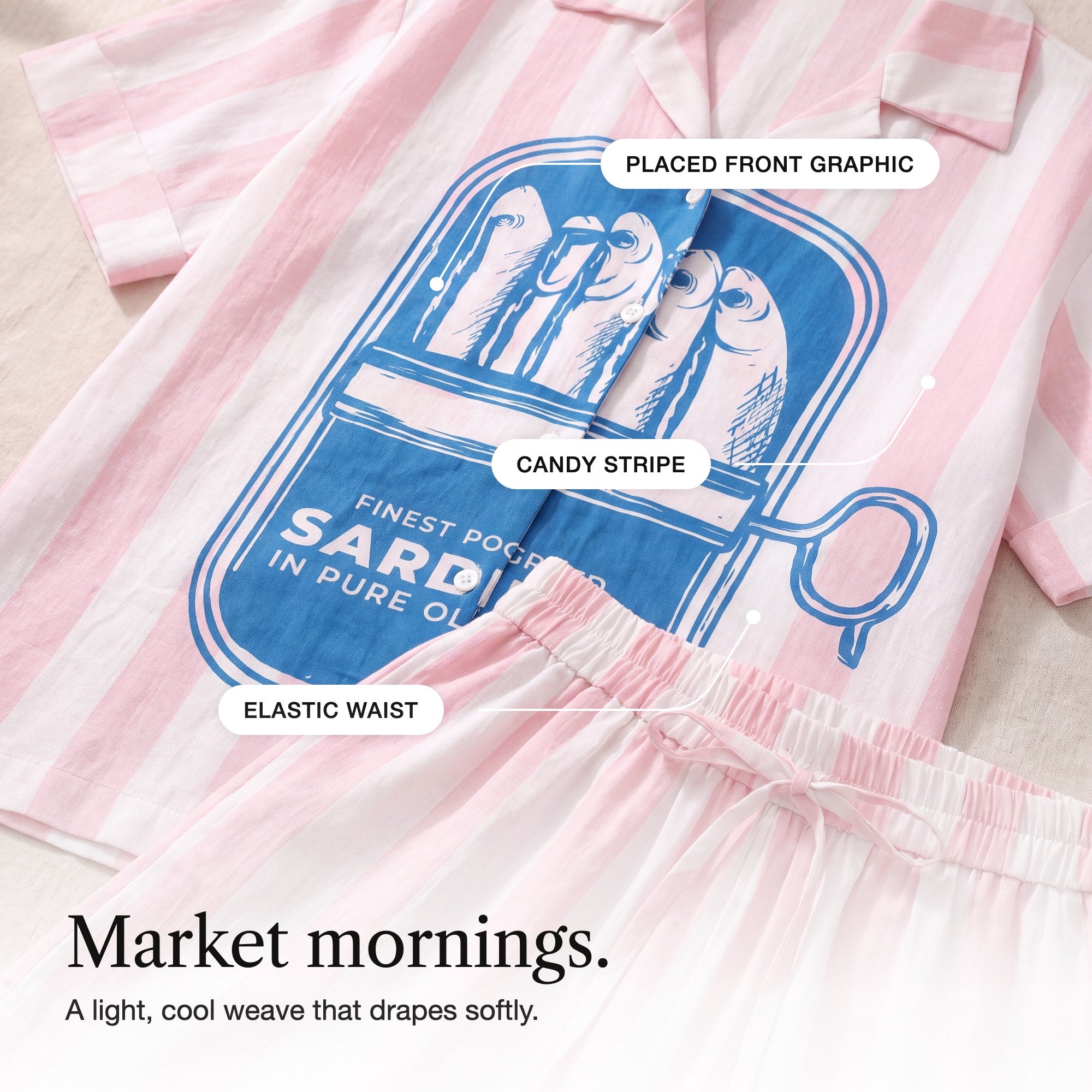 Cesarine | Striped Shirt and Shorts Set with a Sardine Tin Print, detail