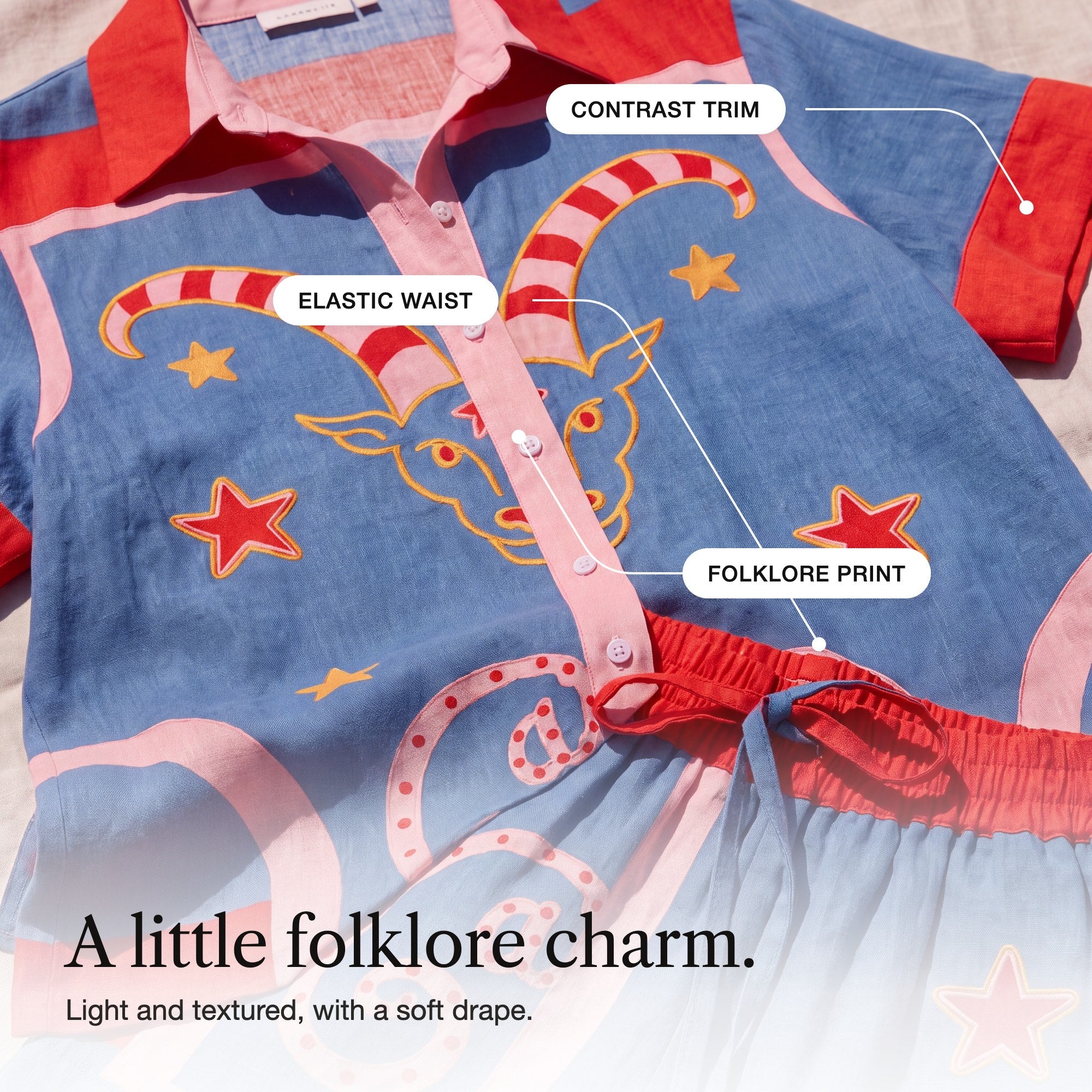 Charmaine | Goat and Star Print Shirt and Pull-On Shorts Set, detail