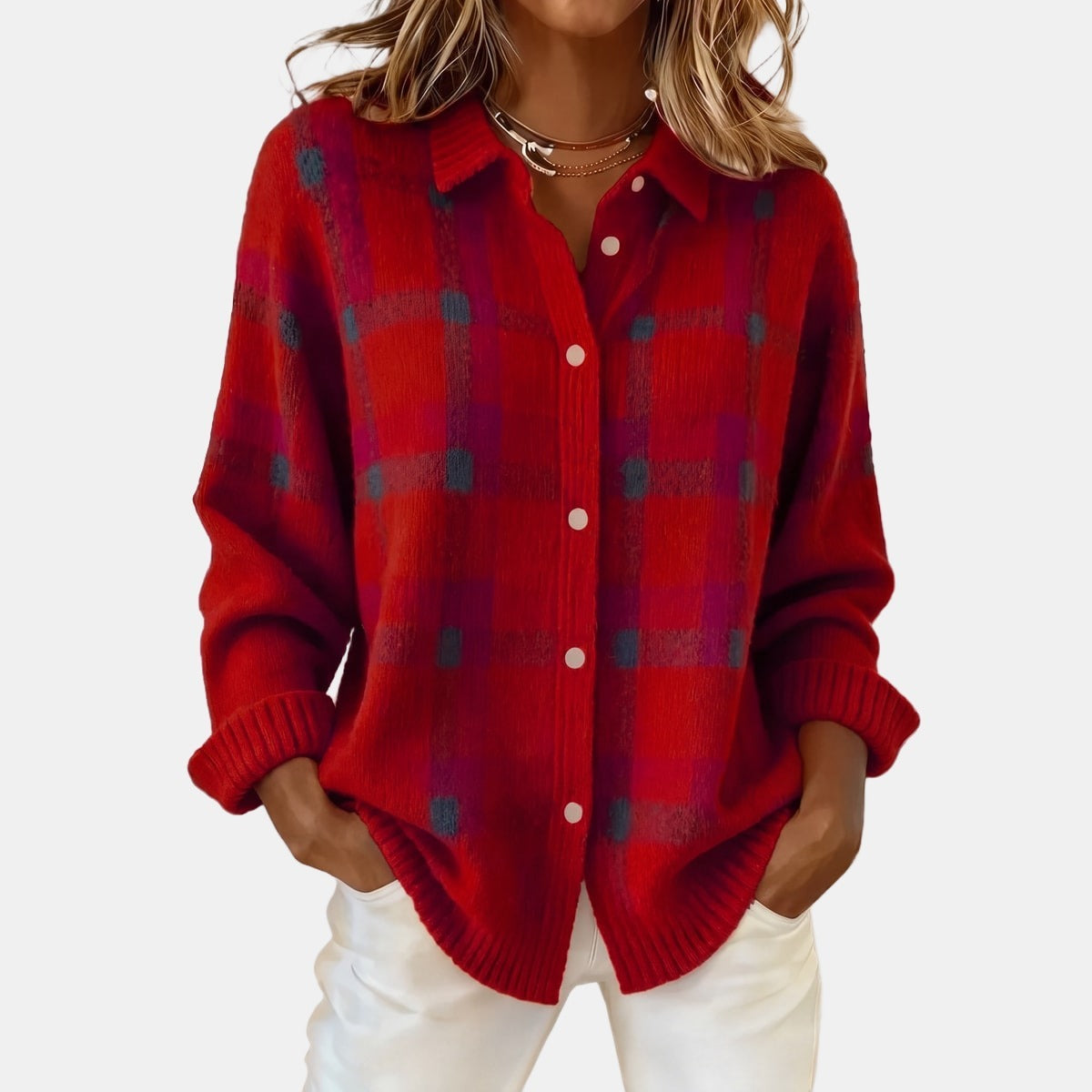 Checked Shirt-Collar Cardigan Red, studio photo