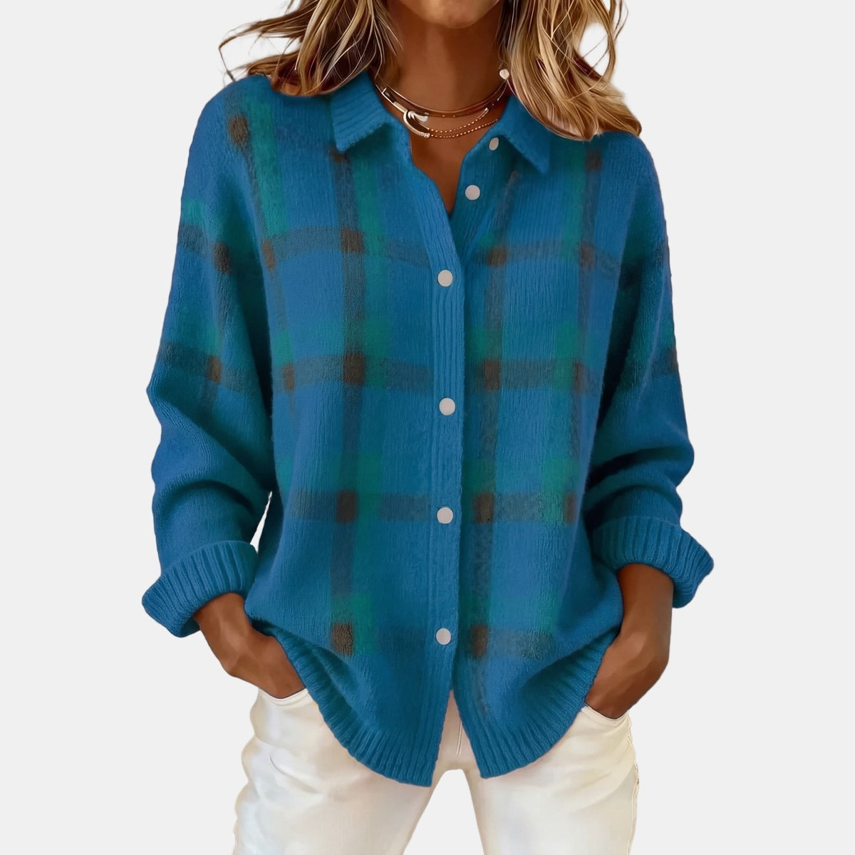 Checked Shirt-Collar Cardigan Blue, studio photo