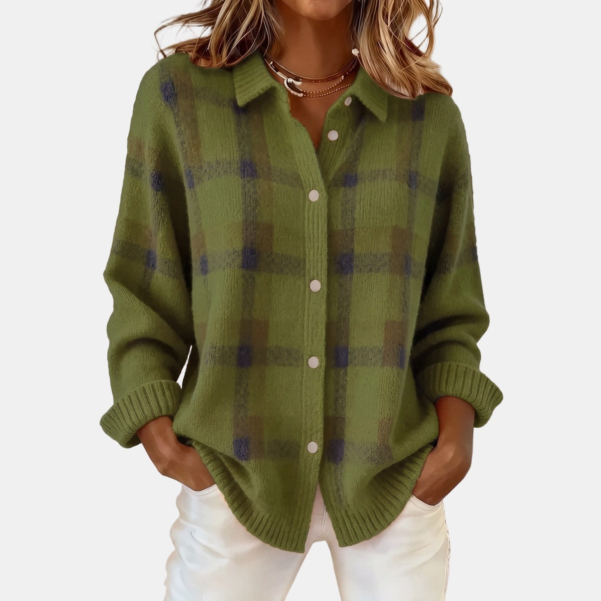 Checked Shirt-Collar Cardigan Green, studio photo