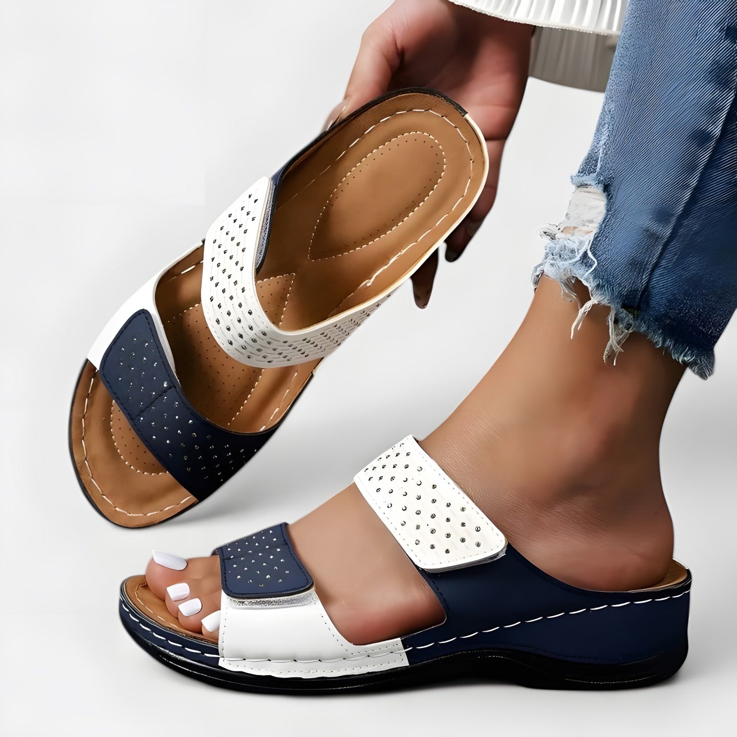 Cherie | Women's Comfortable Orthopaedic Sandals White-Blue, photo studio