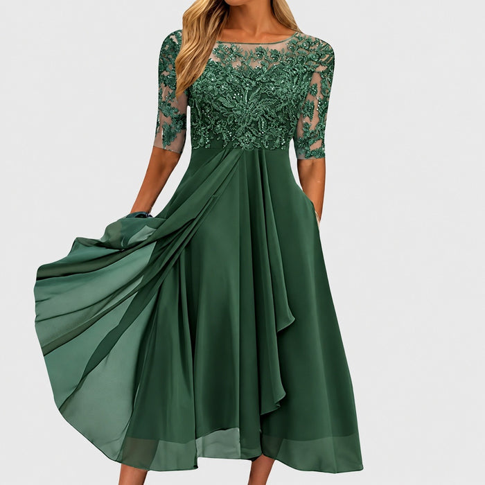 Leonora | Embroidered Midi Dress with a Layered Skirt