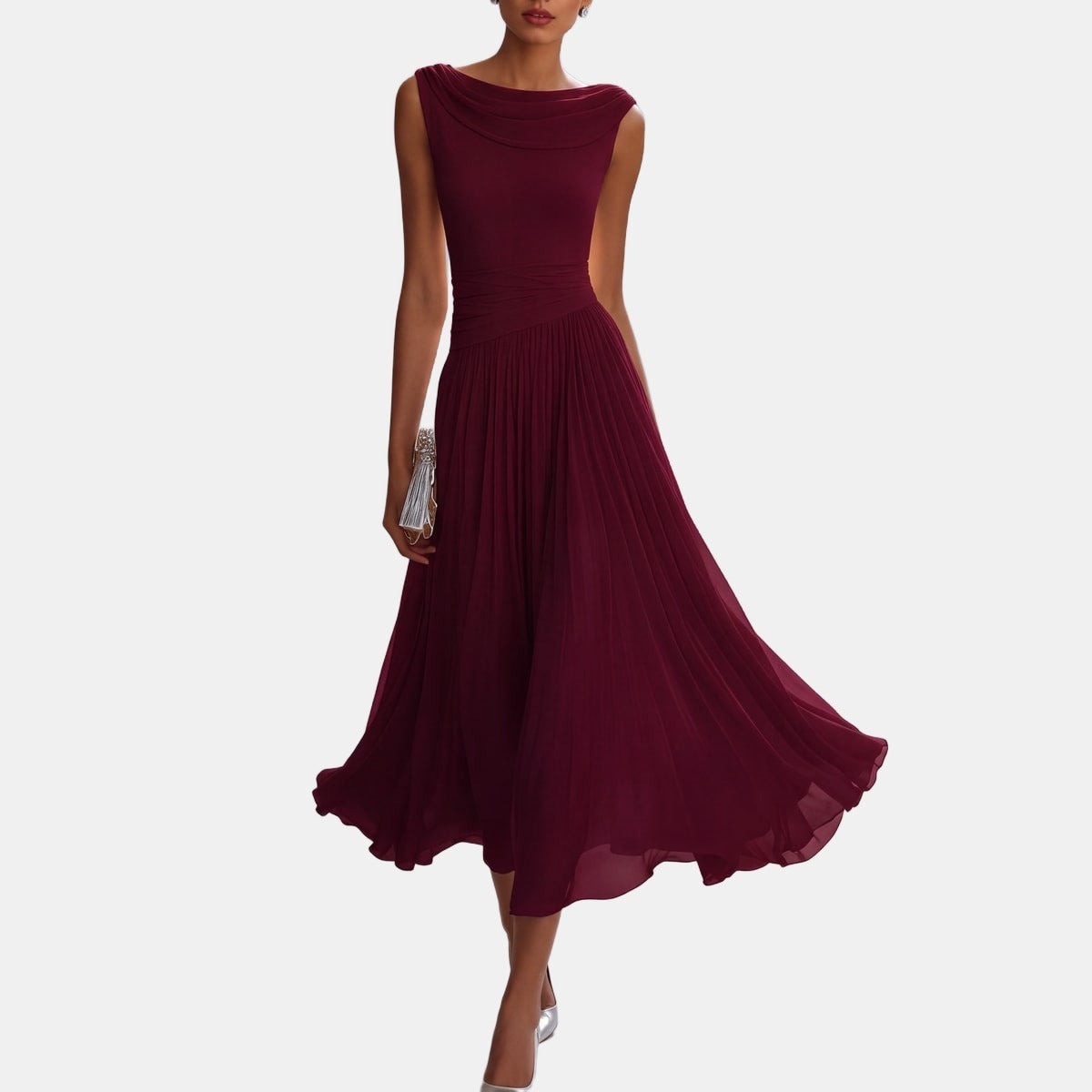 Natalie | Sleeveless Draped Midi Dress Burgundy, photo studio