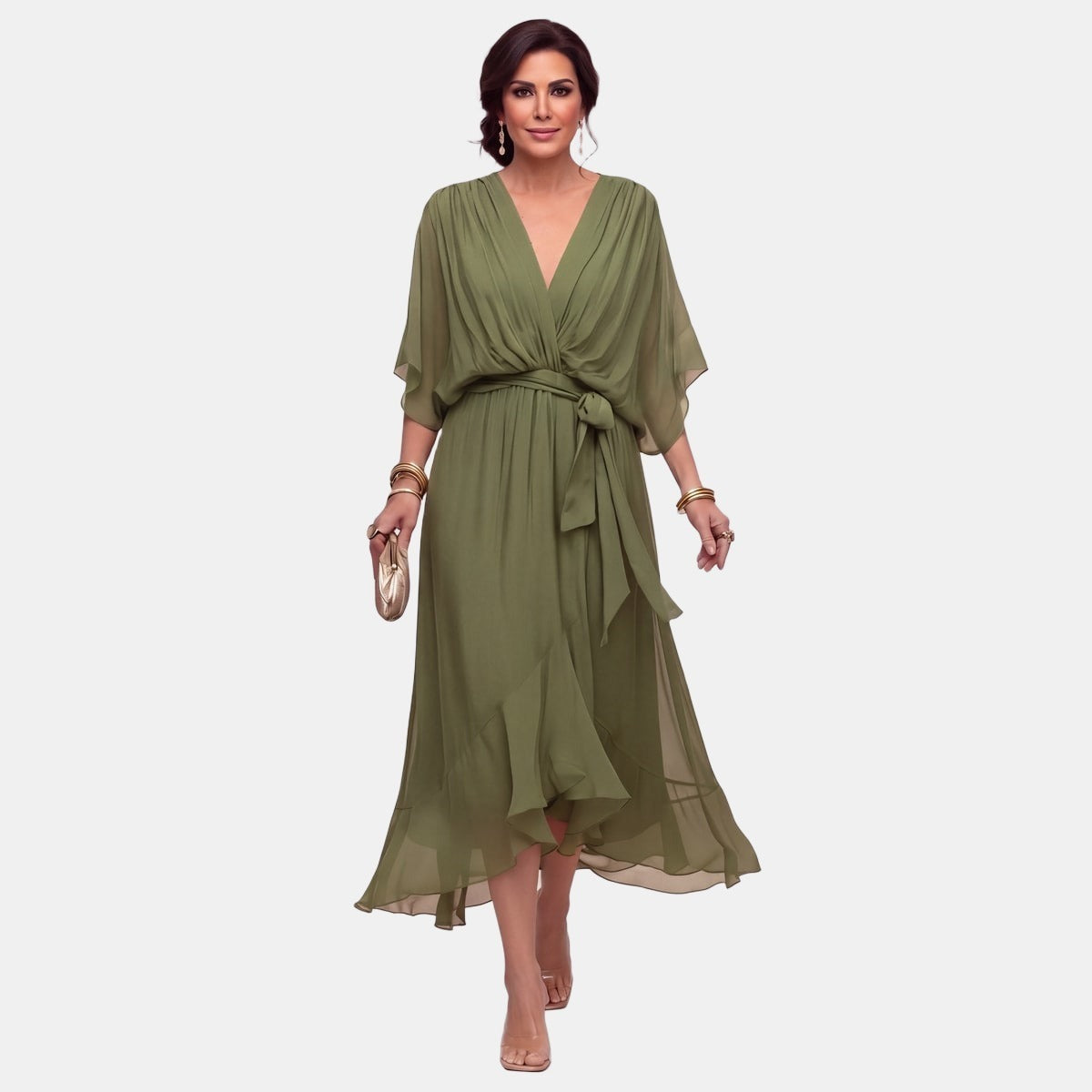 Monica | V-Neck Chiffon Dress Green, photo studio