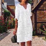 Claudette | V-Neck Shift Dress with Raised Flowers and Elbow Sleeves