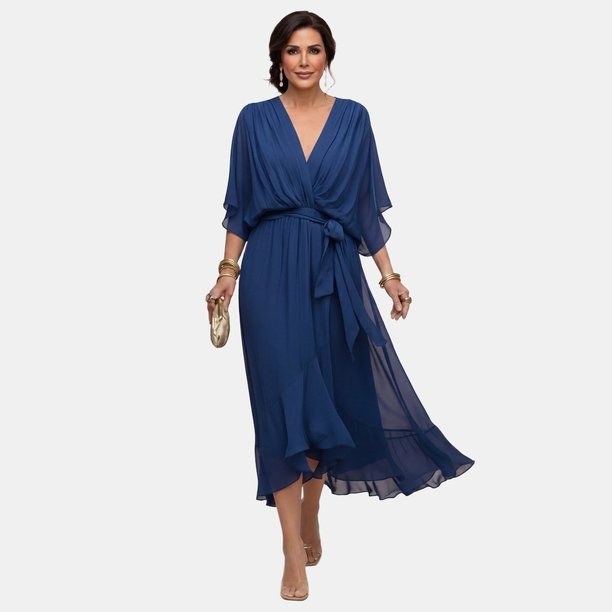 Monica | V-Neck Chiffon Dress Blue, photo studio