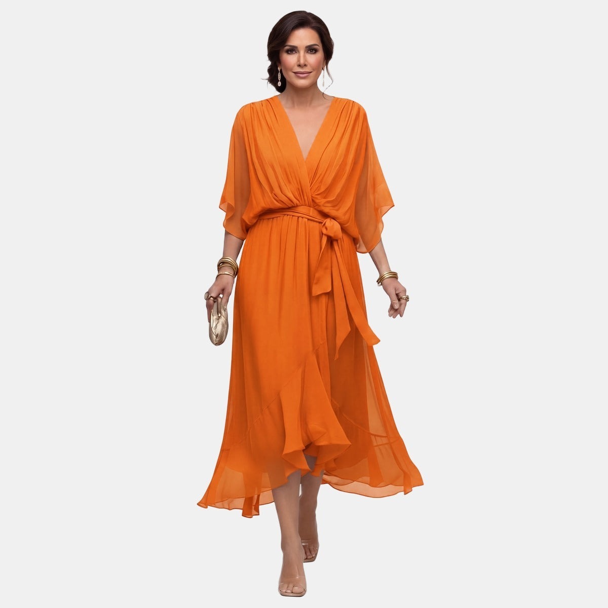 Monica | V-Neck Chiffon Dress Orange, photo studio
