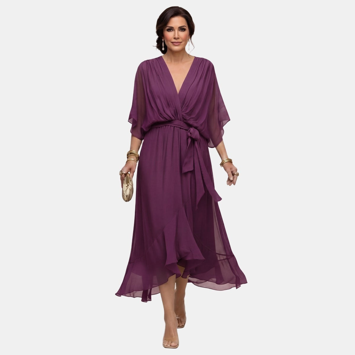 Monica | V-Neck Chiffon Dress Dark Purple, photo studio