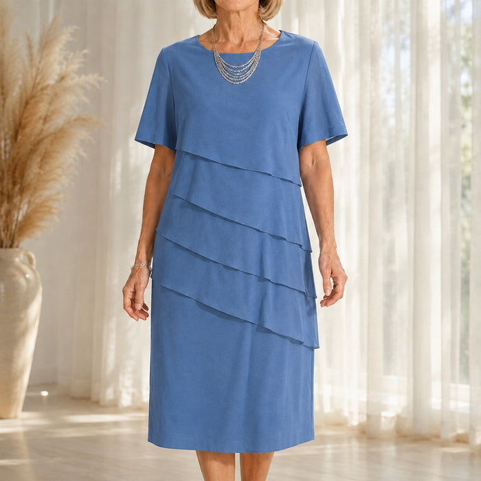 Janet | Round Neck Dress with Asymmetric Tiered Overlays