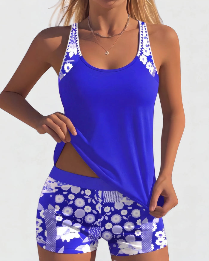 Jacqueline | Loose Scoop-Neck Tankini with Floral Swim Shorts