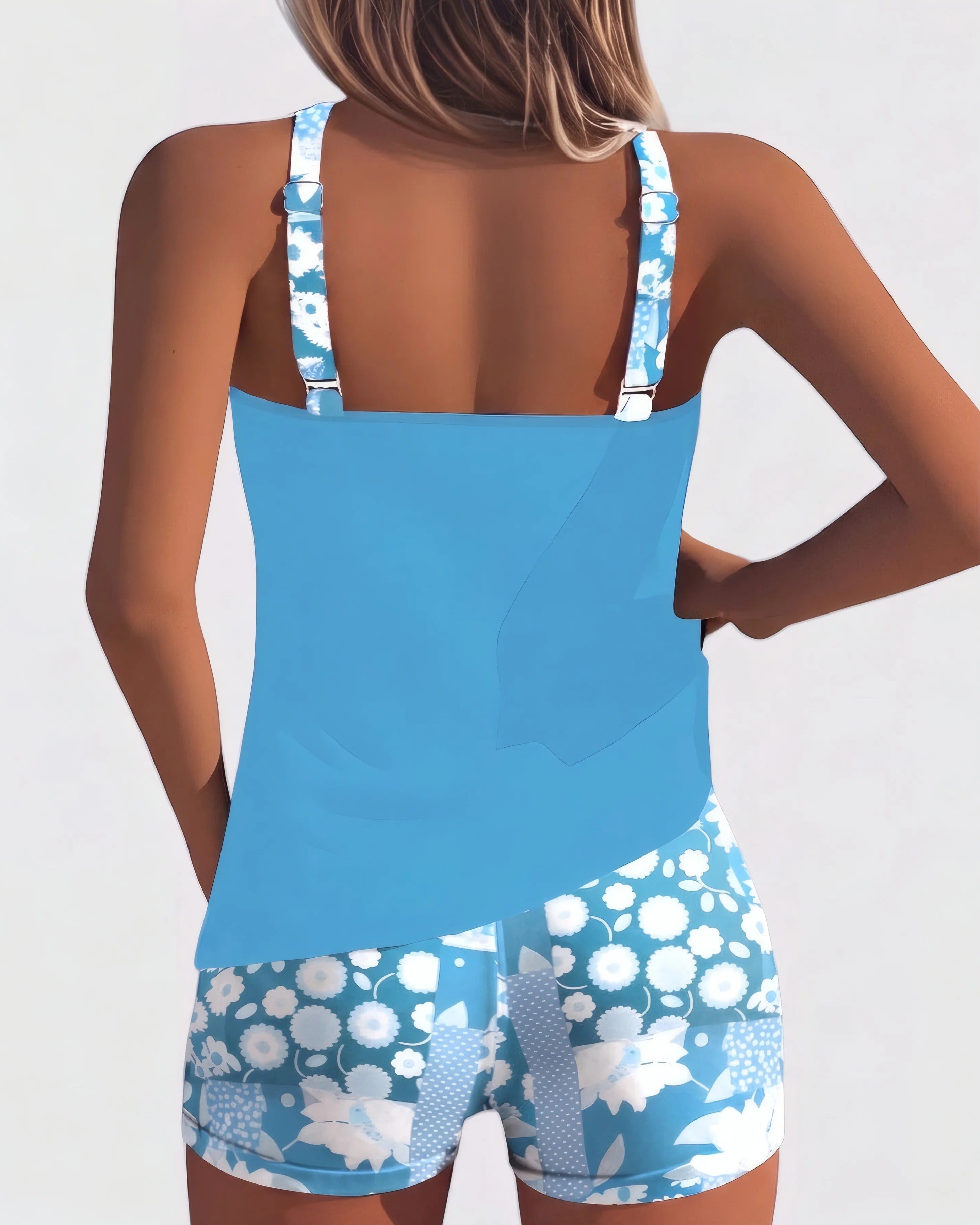 Jacqueline | Comfortable Swimsuit in Cobalt with Floral Shorts Light Blue, photo studio