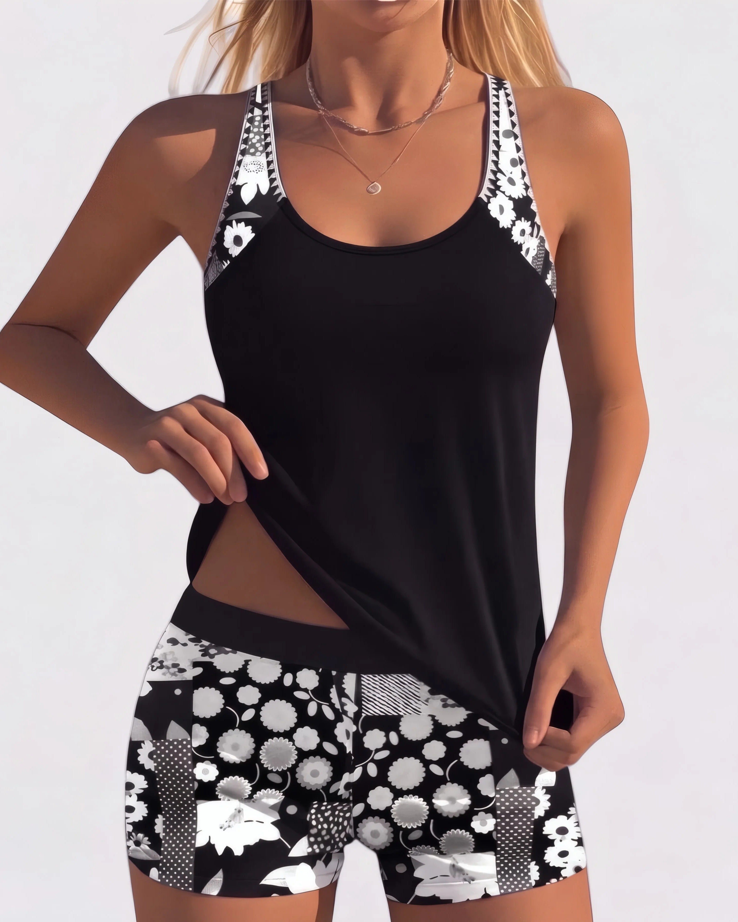 Jacqueline | Comfortable Swimsuit in Cobalt with Floral Shorts Black, photo studio