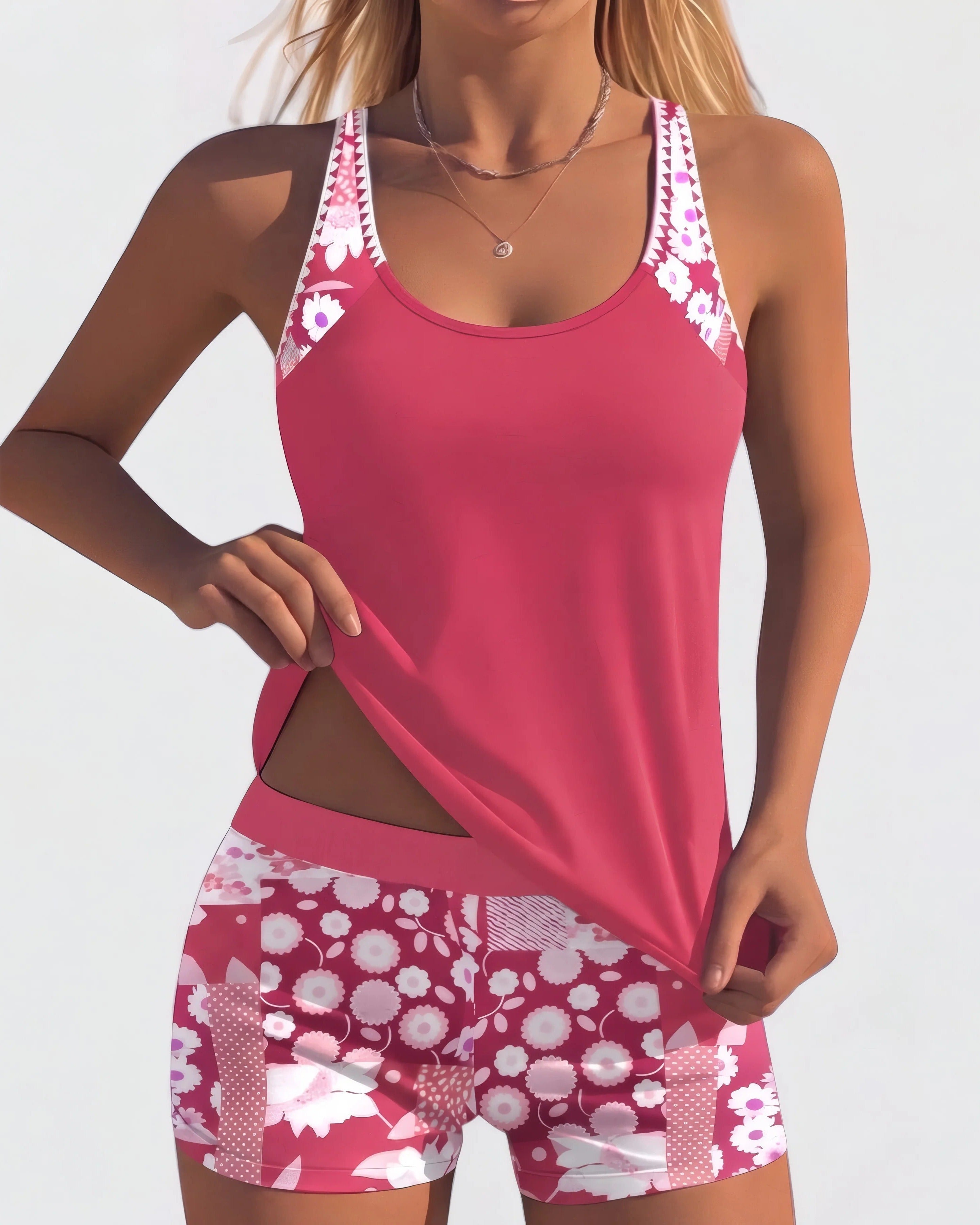 Jacqueline | Comfortable Swimsuit in Cobalt with Floral Shorts Pink, photo studio