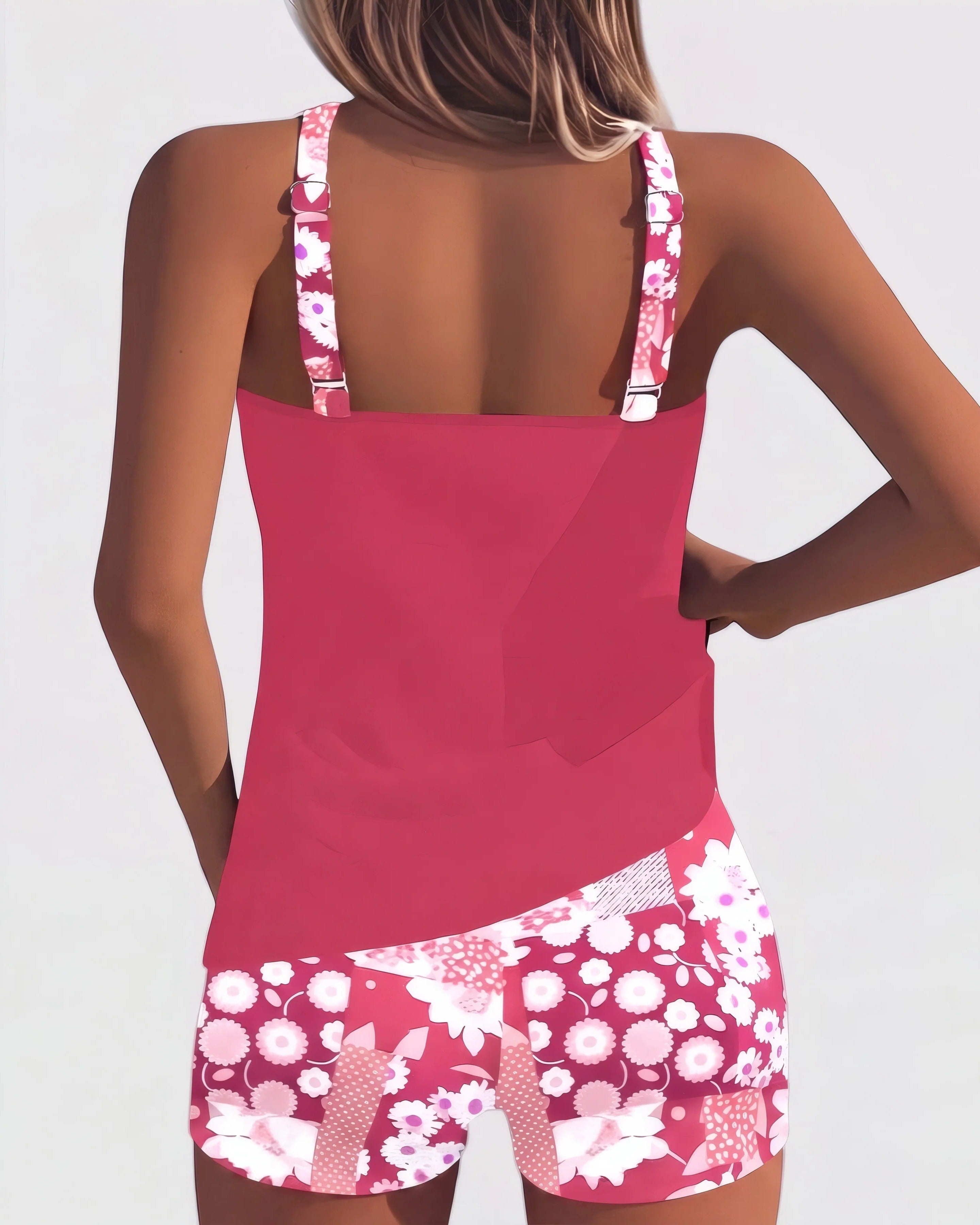 Jacqueline | Comfortable Swimsuit in Cobalt with Floral Shorts Pink, photo studio