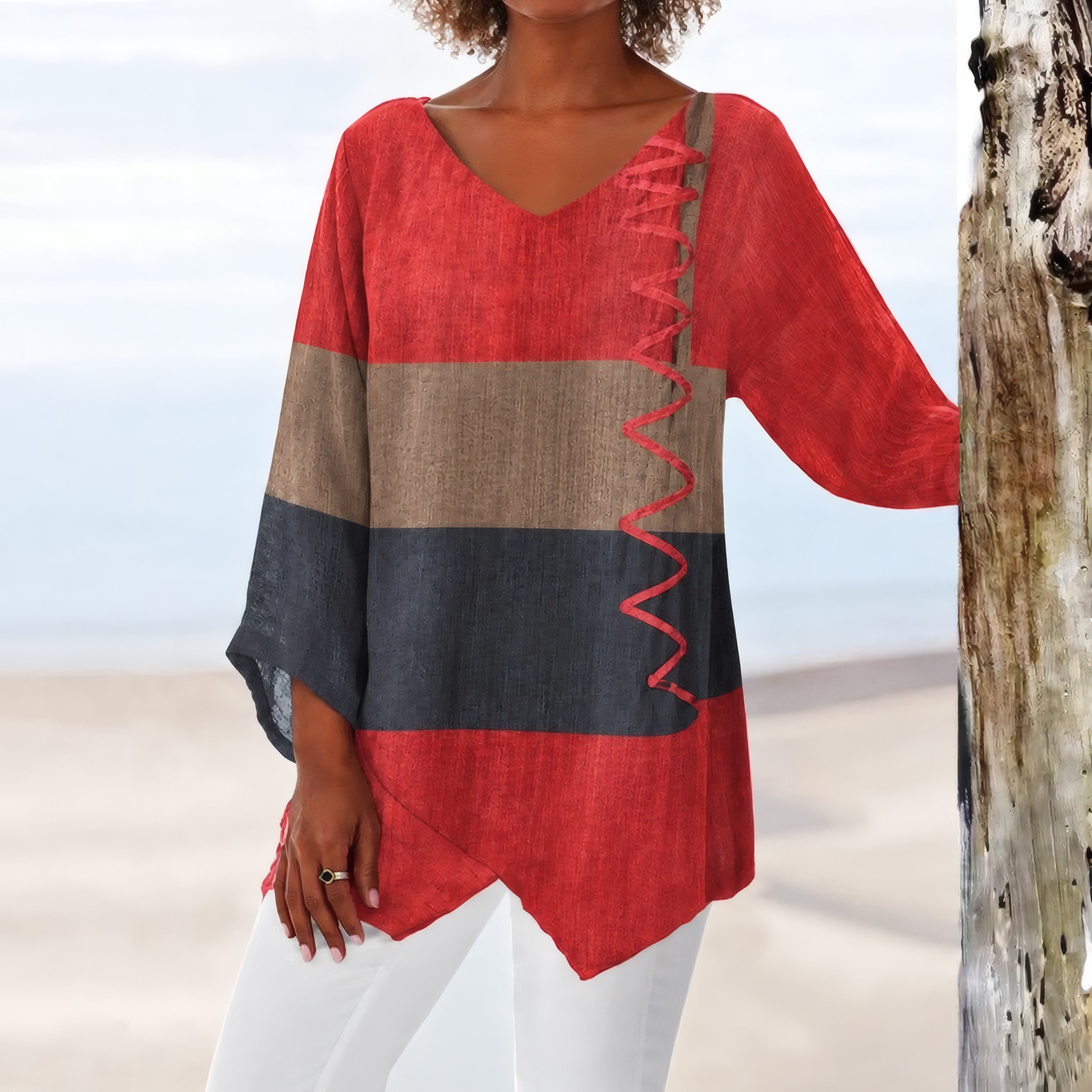 Orianna | Classic Geometric Print Blouse Red, photo studio