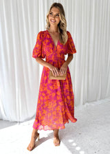 Eleanora | V-Neck Midi Dress with Puff Sleeves and Floral Print