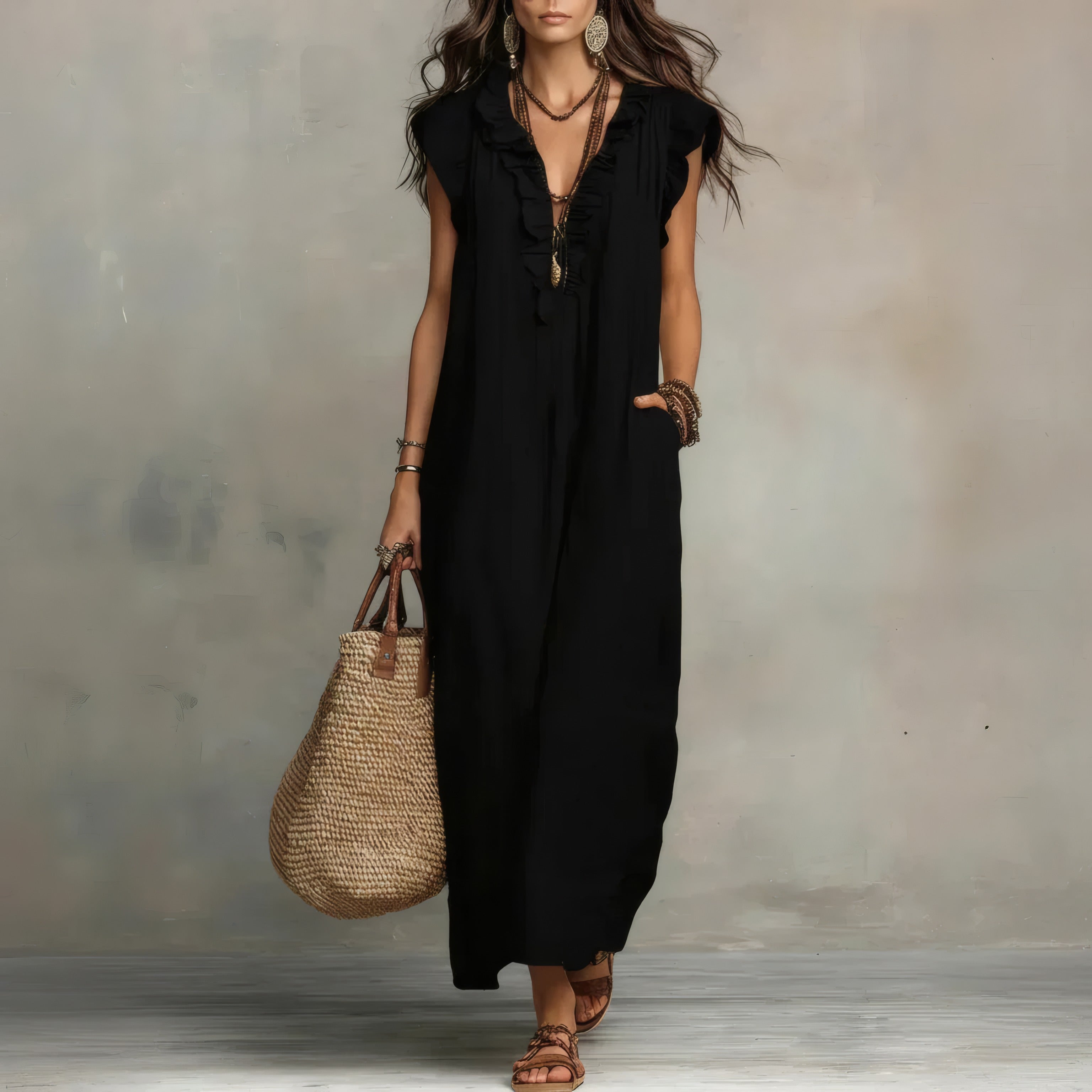 Zoey | Long Bohemian Dress Black, photo studio