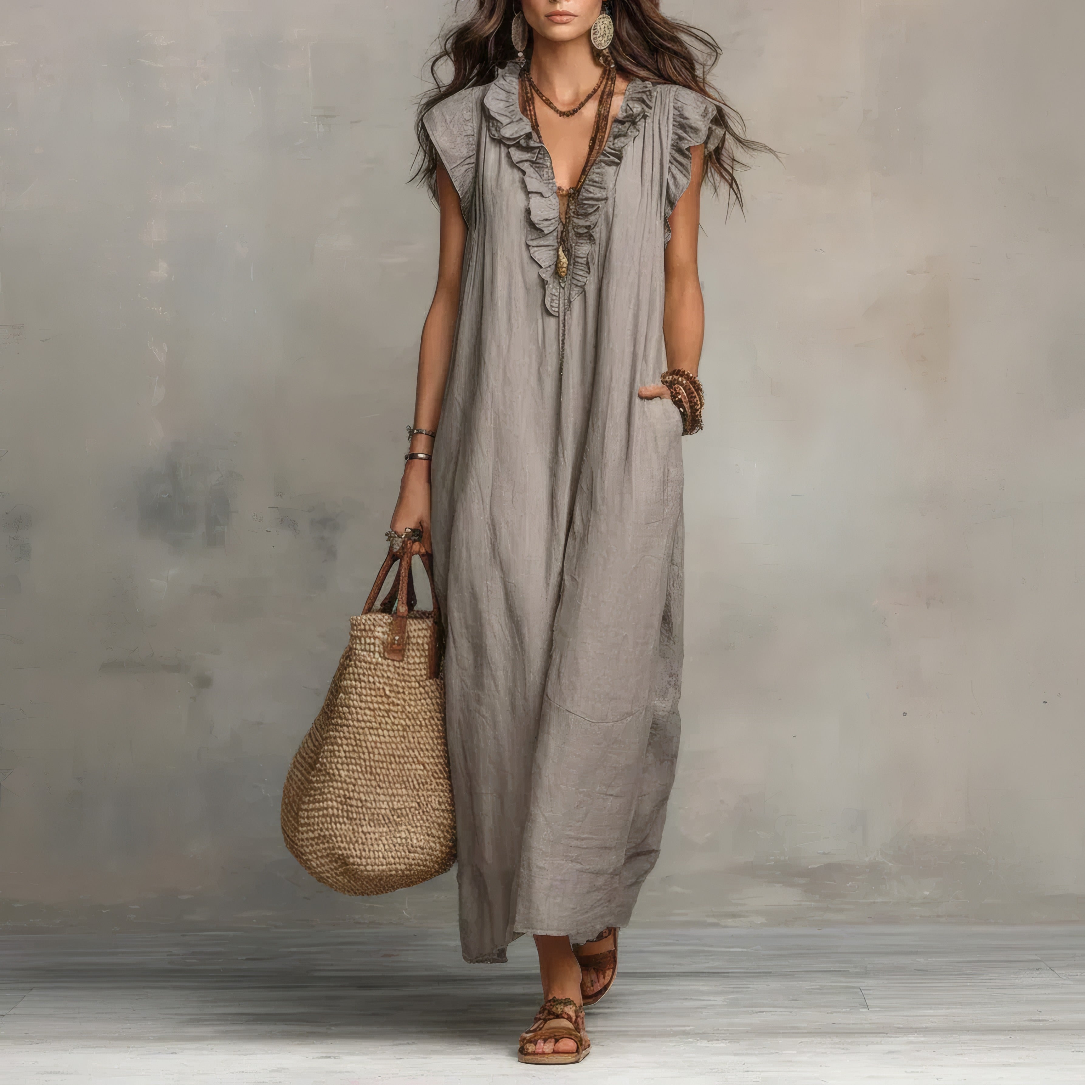 Zoey | Long Bohemian Dress Grey, photo studio
