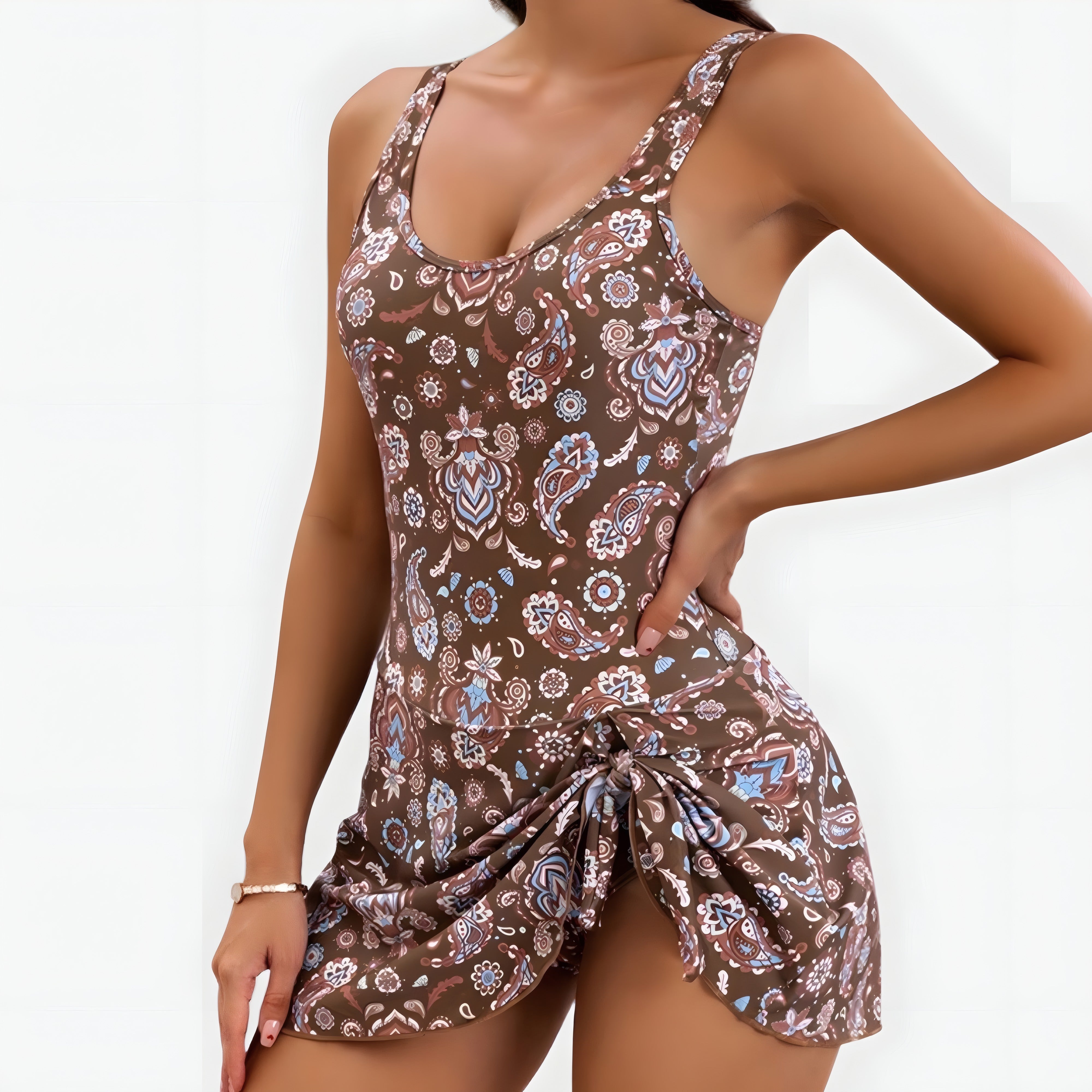 Miriam | One-Piece Swimsuit with Skirt Cashew Flower, photo studio