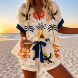 Ambrosine | Sun and Palm Print Shirt and Tie-Waist Shorts Set
