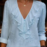 Cecile | Ruffled V-Neck Blouse with Floral Embroidery