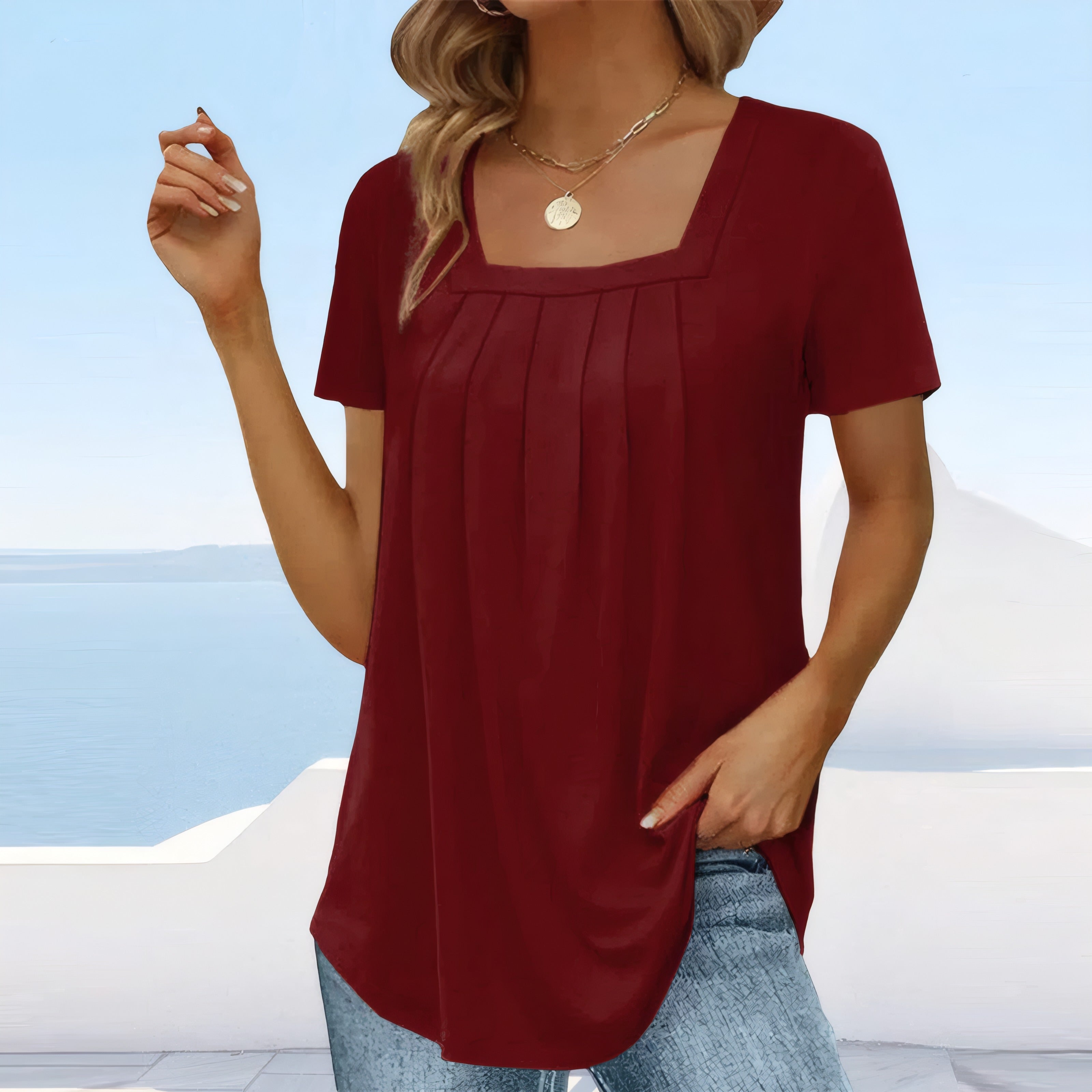 Genevieve | Flowy Square-Neck Blouse Burgundy, photo studio