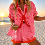 Amaryllis | Lobster Print Shirt and Shorts Set with Scripted Hems