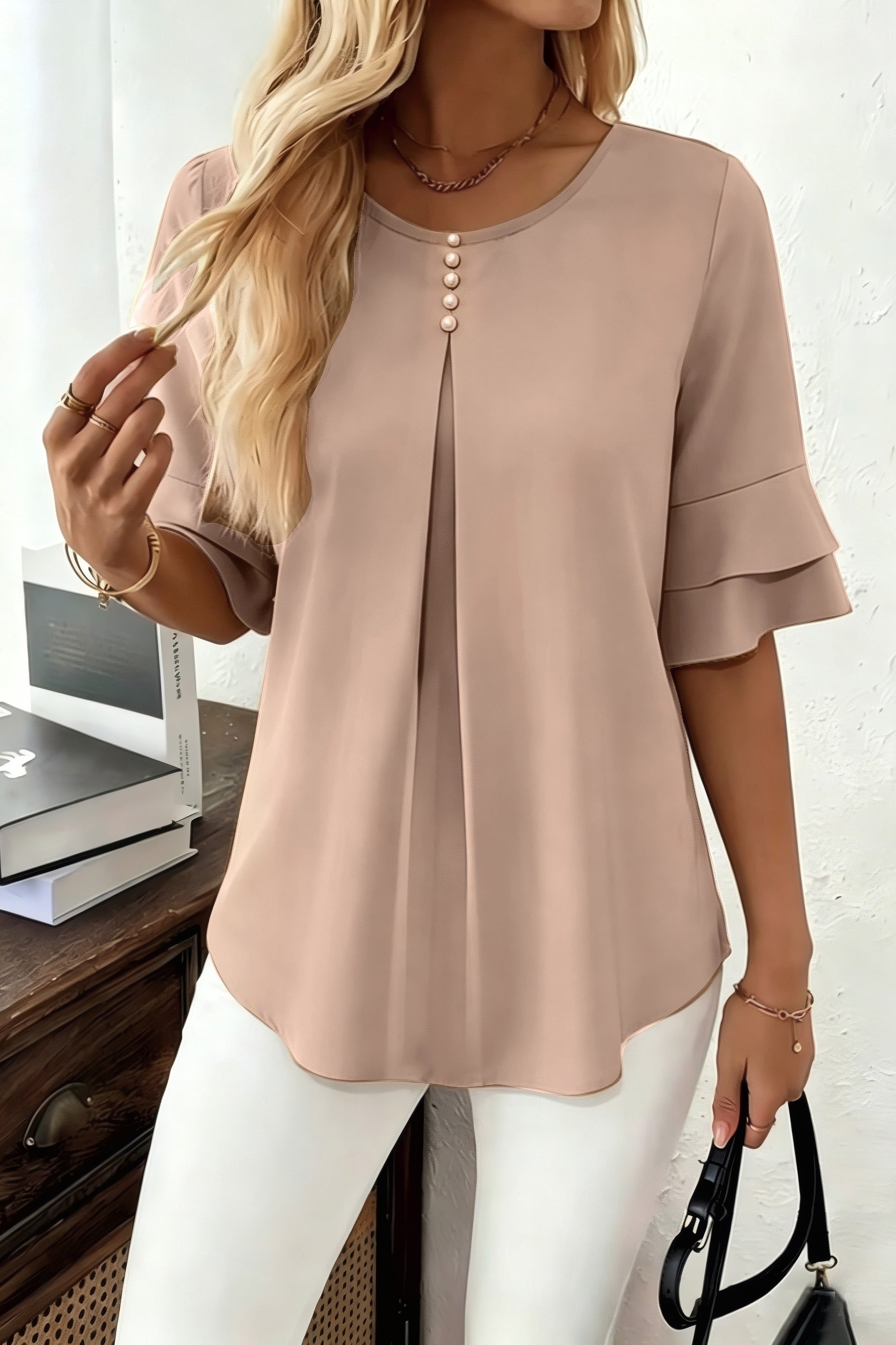 Daniela | Ruffled Blouse with Flared Sleeves Khaki, photo studio