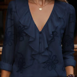 Cecile | Ruffled V-Neck Blouse with Floral Embroidery