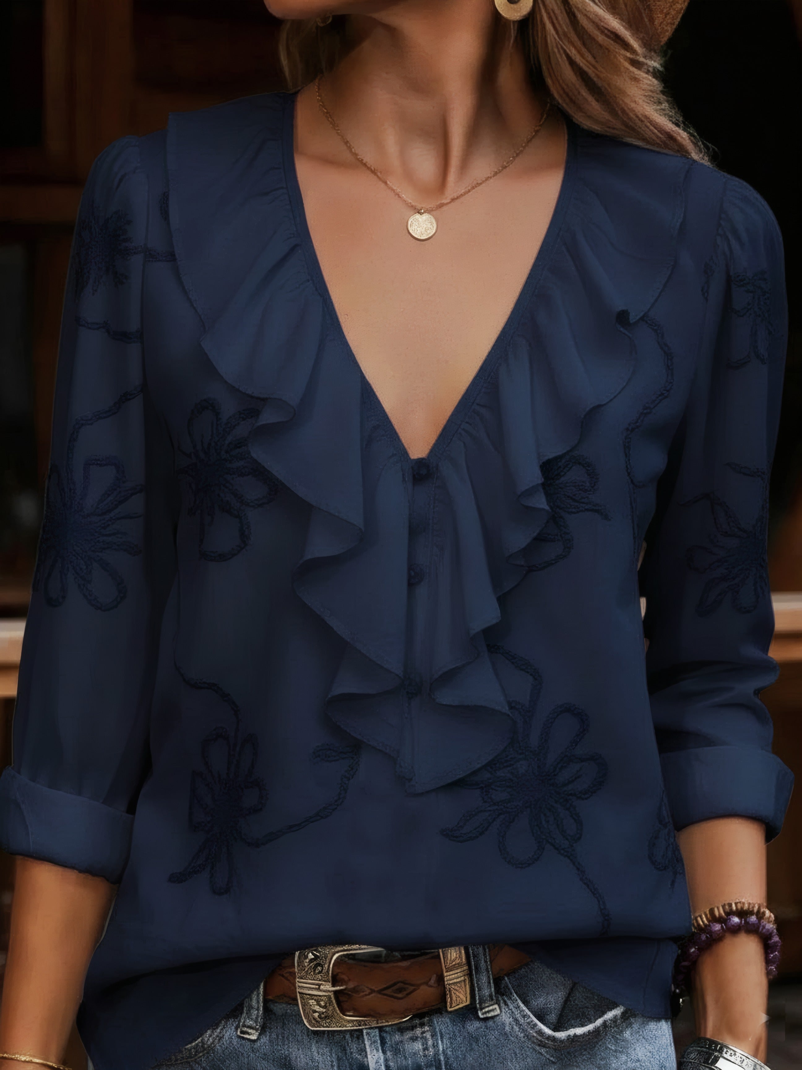 Cecile | Ruffled V-Neck Blouse with Floral Embroidery Navy Blue, photo studio