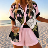 Elsbeth | Swan Print Shirt and Solid Pull-On Shorts Set