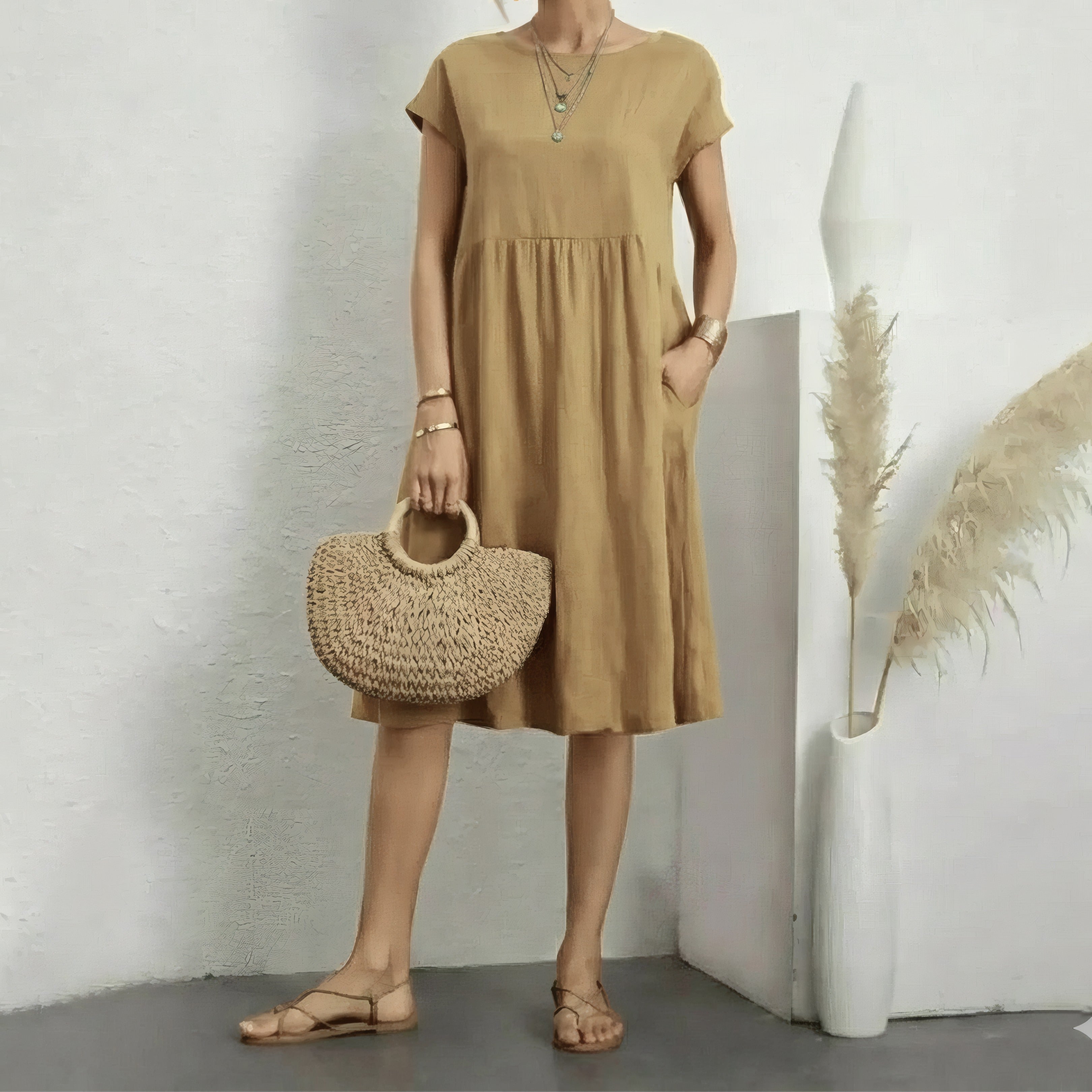 Anthea | Timelessly Elegant Flowy Dress Beige, photo studio