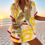 Armance | Cheetah Print Shirt and Shorts Set with Striped Trim