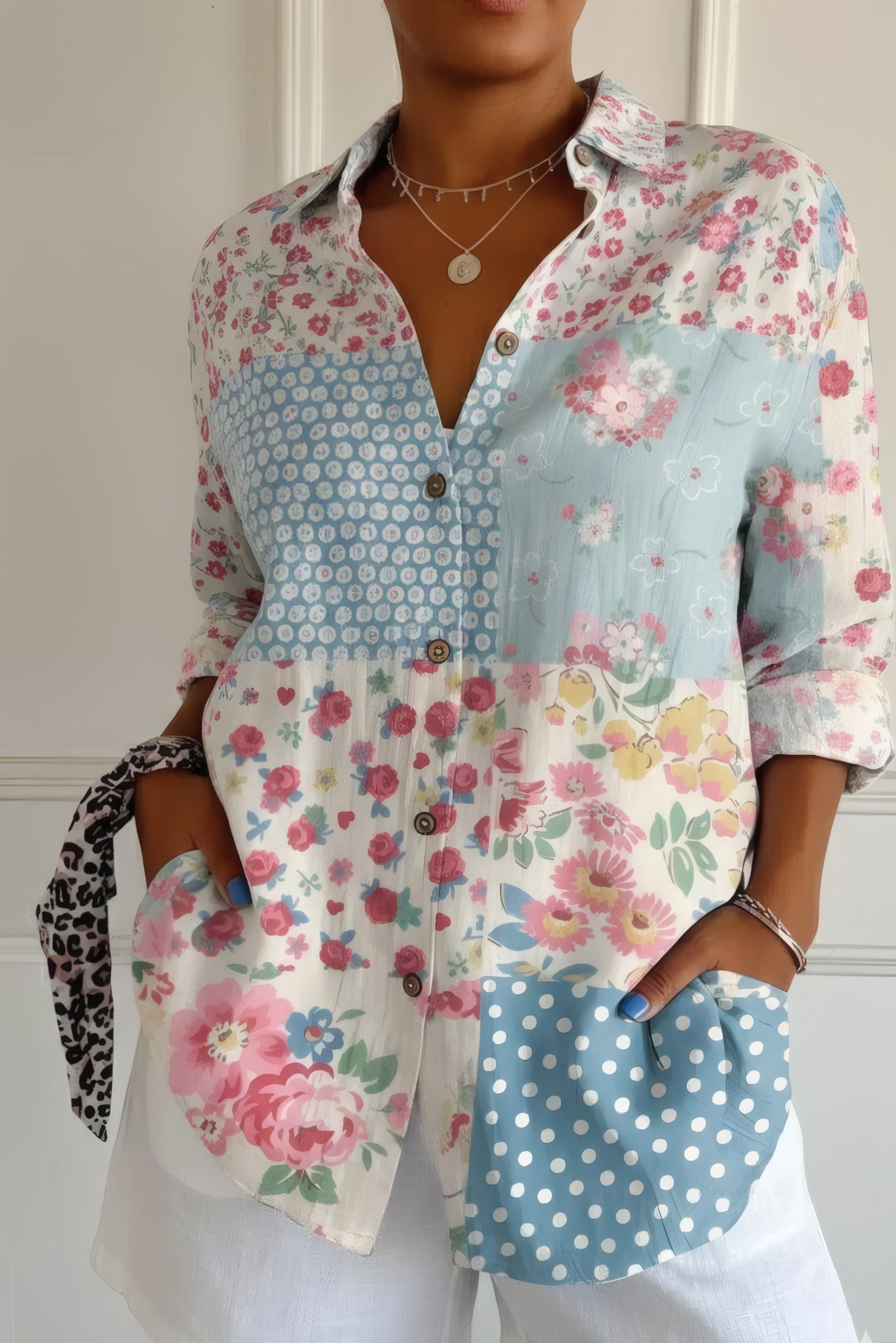 Adaline | Printed Shirt with Roll-Up Sleeves Blue Floral Print, photo studio